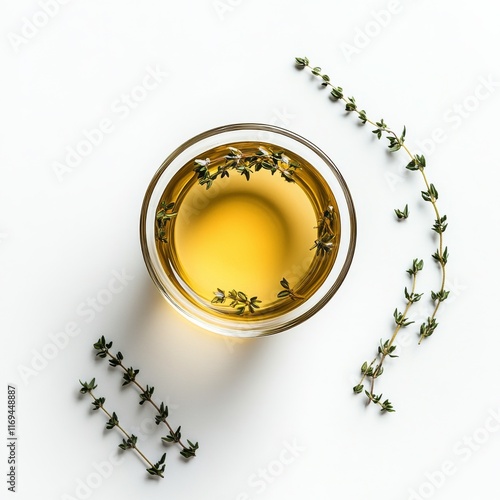 Herbal infusion of olive oil with fresh thyme and lavender arranged artistica...