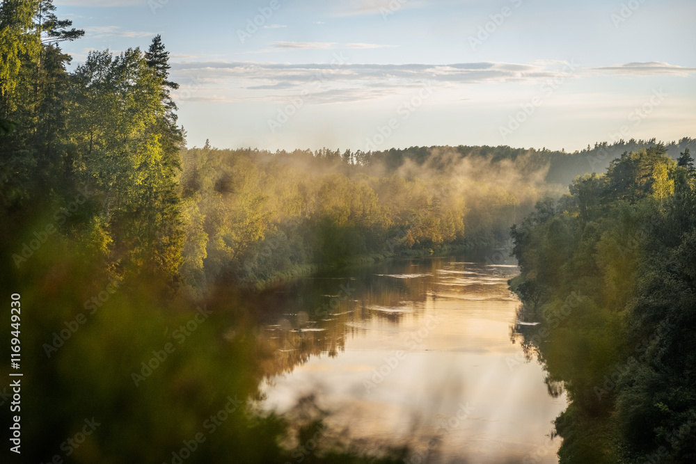 scenic view of the river where the background is forests over forests fog and the evening sun shines scenic view of the river where the background is forests over forests fog and the evening sun shines