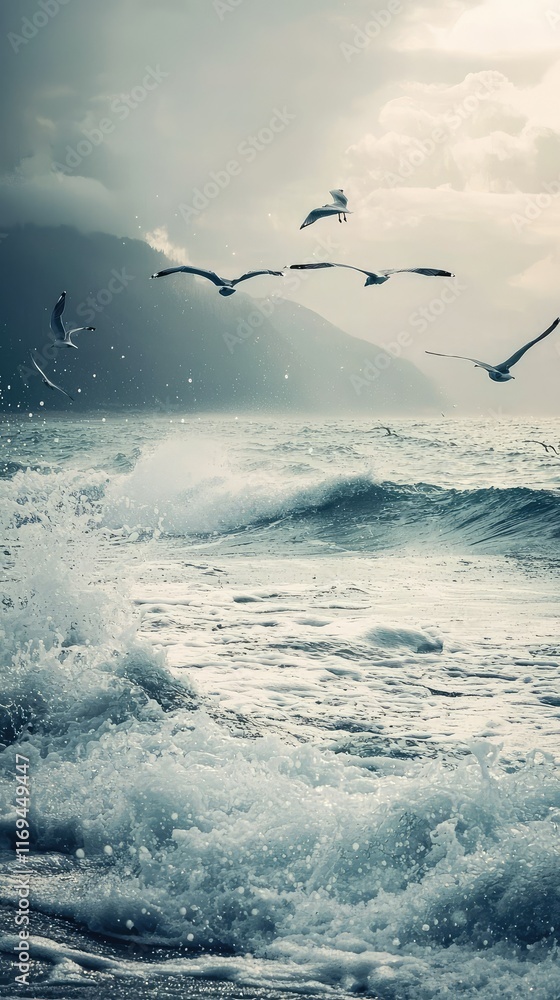 Obraz premium Seagulls Flying Over Turbulent Waves at the Ocean Shoreline