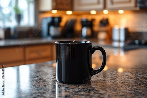 Black ceramic coffee mug on a kitchen countertop with plants in the background