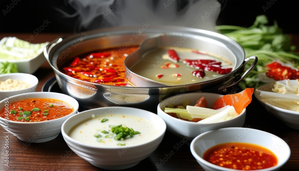Hot Pot Broth with Ingredients in a Steaming Bowl from Top Down View Hot Pot Broth with Ingredients in a Steaming Bowl from Top Down View