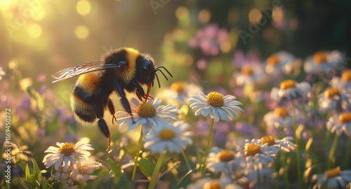 Bumblebee pollinates a flower in a vibrant meadow during a sunny day