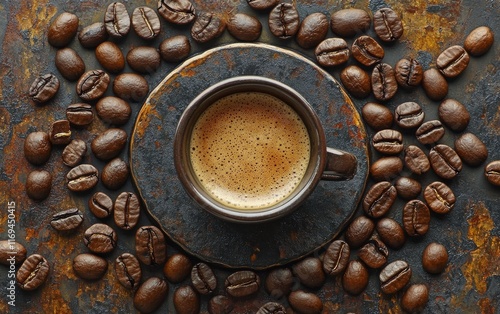 Rich espresso served in a black cup surrounded by roasted coffee beans on a d...