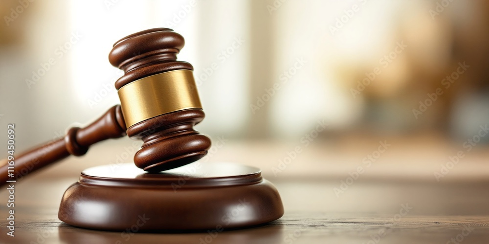 Wooden gavel and sound block on table. Legal system, court decision, justice concept. Law enforcement symbol for attorneys, judges, and legal proceedings Wooden gavel and sound block on table. Legal system, court decision, justice concept. Law enforcement symbol for attorneys, judges, and legal proceedings
