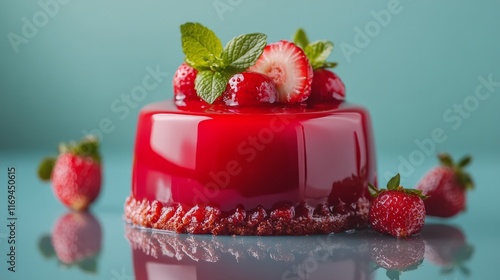 Delicious red jelly dessert topped with fresh strawberries and mint leaves on...