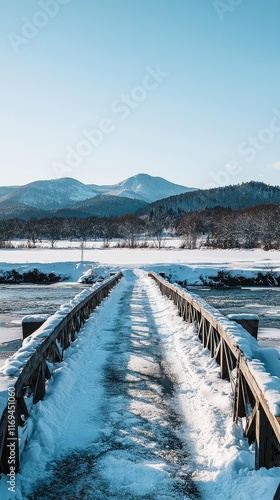 Wallpaper Mural Snowy Bridge Leading to Mountains in Winter Landscape Scene Torontodigital.ca