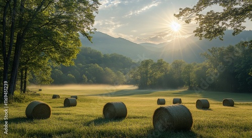 Tranquil rural landscape with hay bales under mountain sunlight in the morning
