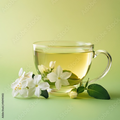 Delicate cup of herbal tea with jasmine flowers on a soft green background