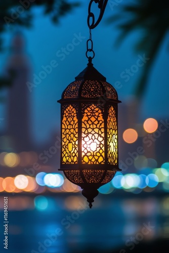 Decorative lantern hanging with vibrant city lights in the background during ...
