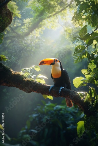 Colorful toucan perched on a branch in lush rainforest during daylight