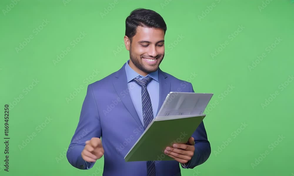 Smiling Businessman Reviewing Documents Against Green Screen Smiling Businessman Reviewing Documents Against Green Screen