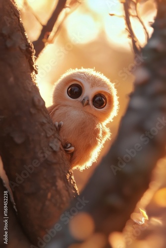Cute owl perched on a branch surrounded by autumn leaves in a serene forest s...