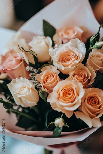 Beautiful bouquet of peach and white roses arranged indoors with natural light