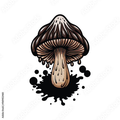 Realistic vector illustration of a shaggy ink cap mushroom with black ink dripping from the cap.