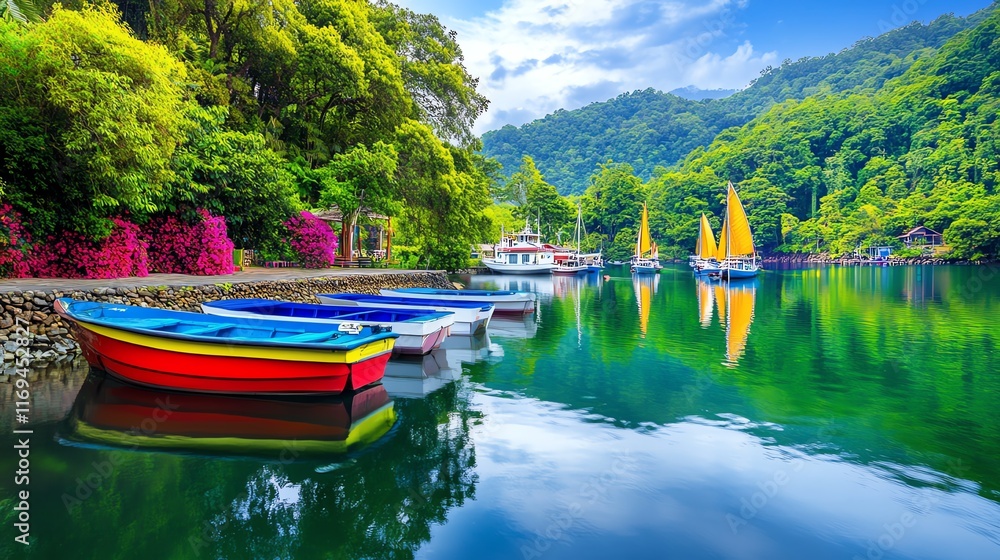 Coastal towns surrounded by lush greenery, a charming marina reflecting colorful sails. Coastal towns surrounded by lush greenery, a charming marina reflecting colorful sails.