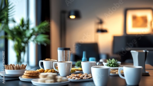 Wallpaper Mural A stylish meeting area with a table full of coffee cups, snacks, and modern decor. Torontodigital.ca