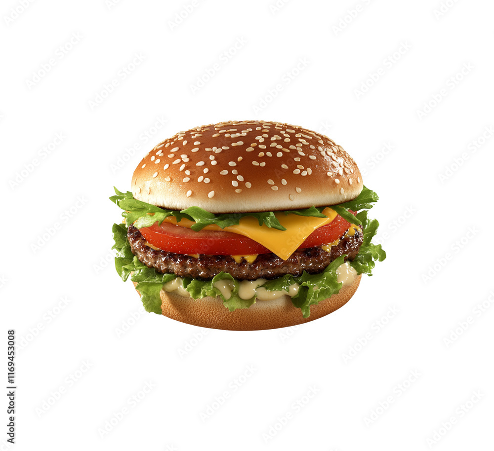 3D illustration of a cheeseburger featuring fresh lettuce, tomato, and cheese layers on a sesame seed bun. Perfect for food-themed designs or advertisements. Isolated on transparent background, png. 3D illustration of a cheeseburger featuring fresh lettuce, tomato, and cheese layers on a sesame seed bun. Perfect for food-themed designs or advertisements. Isolated on transparent background, png.