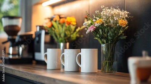 Wallpaper Mural A stylish office break corner with coffee mugs, fresh flowers, and contemporary design. Torontodigital.ca
