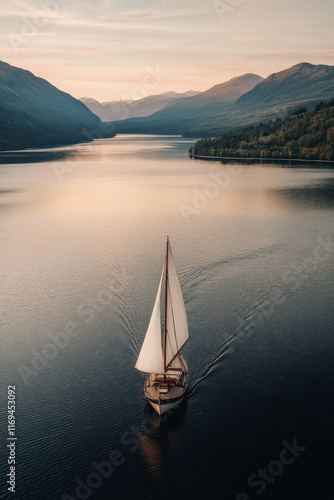Sailboat gliding peacefully through the calm waters of a serene mountain lake...