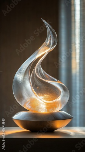 Creative glass sculpture illuminated on a display in a modern interior space ...