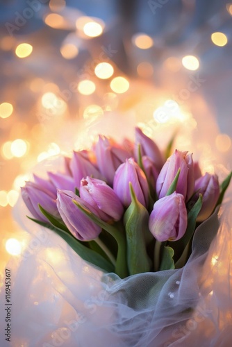 Beautiful bouquet of purple tulips with soft lights creating a cozy atmosphere