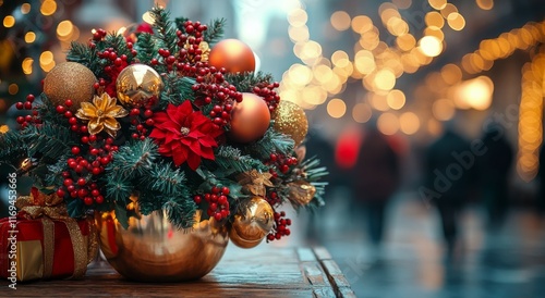 Holiday centerpiece with festive decorations and blurred street scene in back...