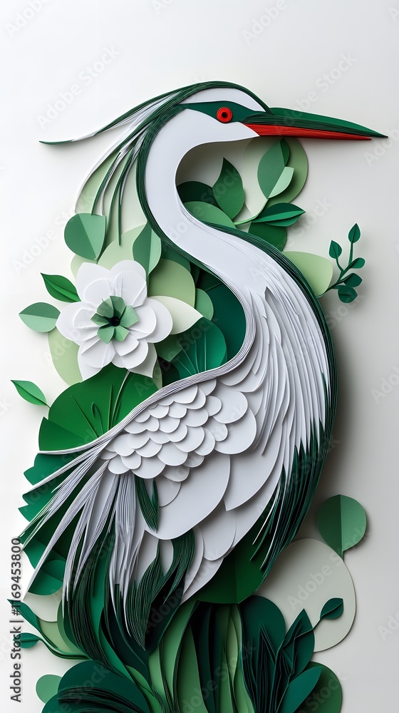 Obraz premium Heron Bird, Paper Cut Art, Abstract Image, Texture, Pattern Background, Wallpaper, Cover and Screen for Smartphone, PC, Laptop, 9:16 and 16:9 Format