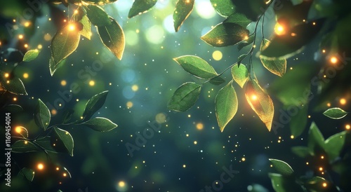 Magical forest with glowing leaves and soft light filtering through trees at ...