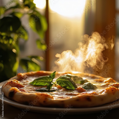 Freshly baked pizza with basil leaves steaming in sunlight