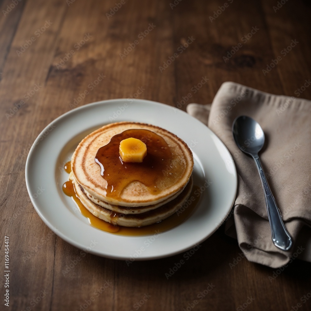 Stack of fluffy pancakes topped with butter and maple syrup on a rustic wooden table
Stack of fluffy pancakes topped with butter and maple syrup on a rustic wooden table