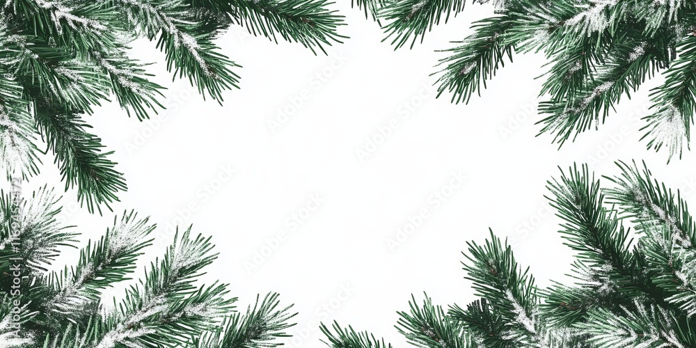 Snow dusted pine branches frame a white space Snow dusted pine branches frame a white space
