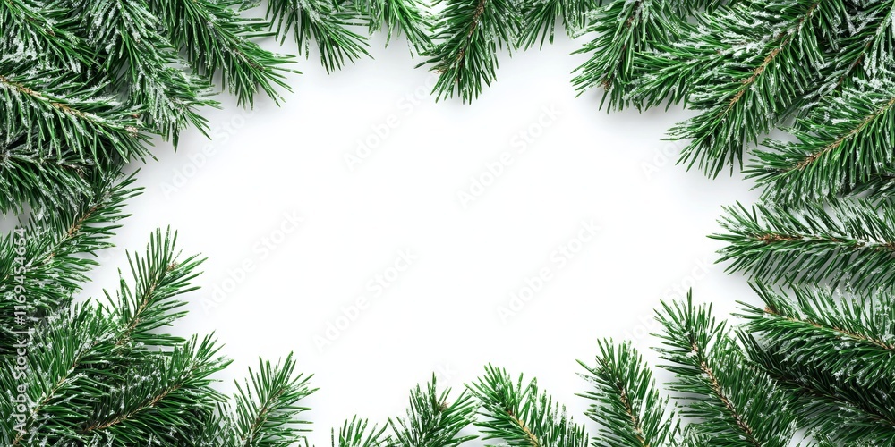 Snowy Pine Branches Frame White Background Snowy Pine Branches Frame White Background