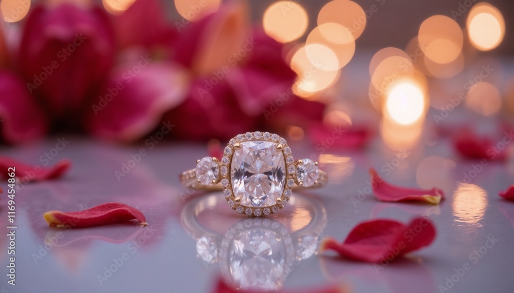 Macro shot of diamond engagement ring on glass with petals and bokeh