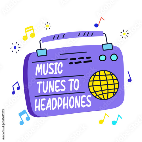 Vintage radio with the text "music tunes to headphones", flat sticker