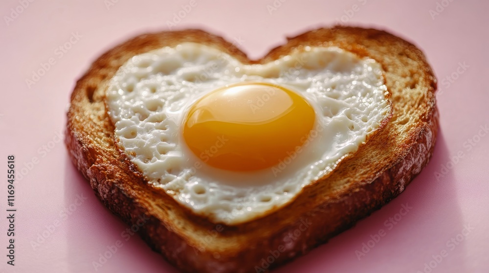 Creative breakfast with fried egg in heart-shaped toast on pink background Creative breakfast with fried egg in heart-shaped toast on pink background