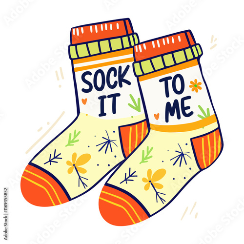A playful flat sticker featuring a pair of socks with the phrase "sock it to me"