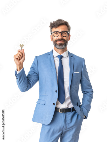 confident man in blue suit holding house key, symbolizing real estate or property ownership, with professional and approachable demeanor