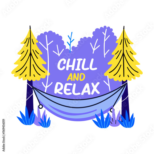 A flat sticker of hammock hanging between trees with text "chill and relax"