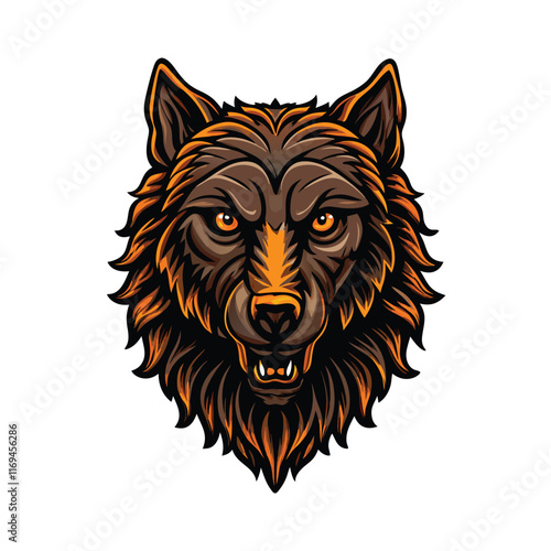 A realistic vector illustration of the Capitoline Wolf statue from Rome, depicting a wolf's head with fierce expression and detailed fur.