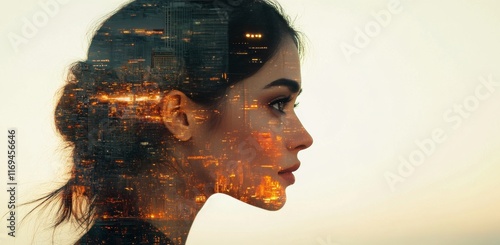 Woman overlooking city skyline at dusk with creative double exposure effect