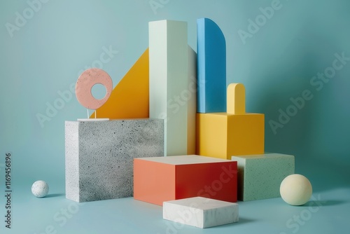 Abstract composition featuring soft geometric shapes and a textured sphere against vibrant pastel colors in a modern setting photo