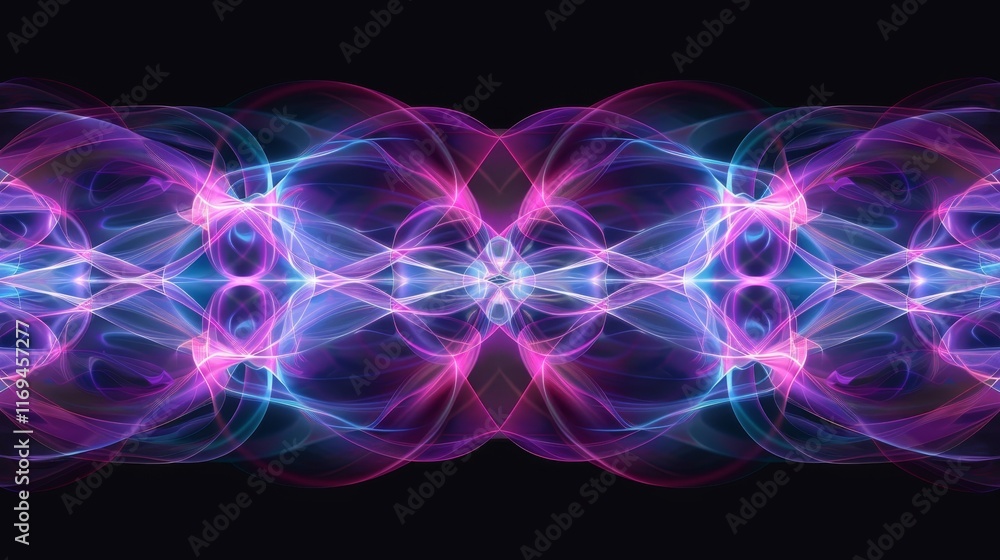 Vivid symmetrical neon wave design with radiant gradients in blue, purple, and pink tones Vivid symmetrical neon wave design with radiant gradients in blue, purple, and pink tones