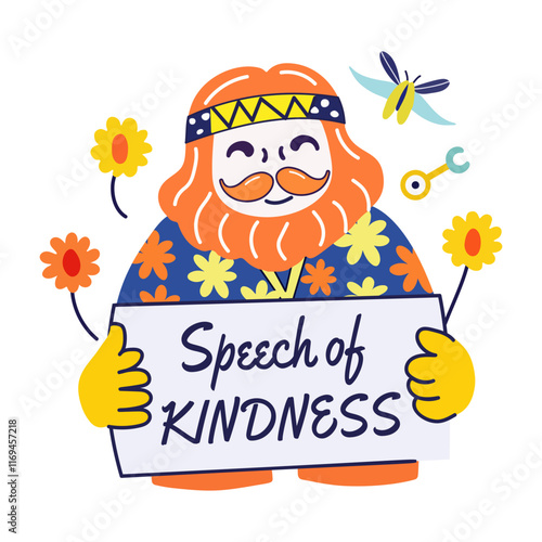 A flat sticker of a character holding a board with kindness message