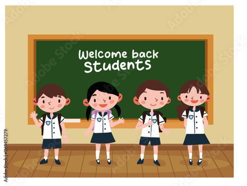 Salón de Clases en colegio donde están niños con uniforme