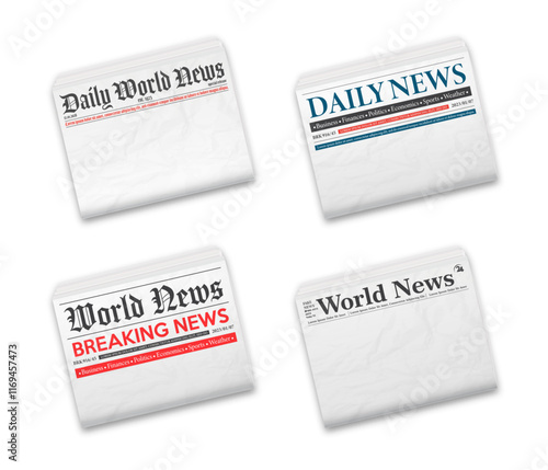 Collection blank newspaper World and daily news template. Horizontal newspapers isolated on white background. Mockup realistic Vector illustration.