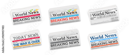 Folded horizontal newspapers isolated on white background. Collection newspaper World and daily news template. Mockup realistic Vector illustration.