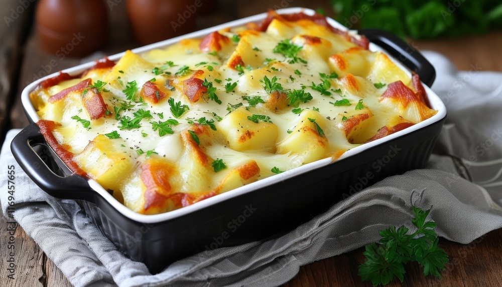 Creamy Potato Casserole with Cheese and Herbs in Black Dish on Rustic Table Creamy Potato Casserole with Cheese and Herbs in Black Dish on Rustic Table
