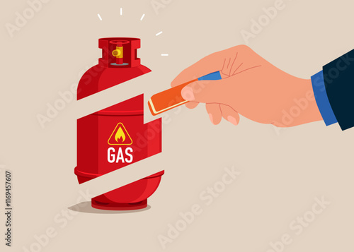 Hand holds eraser and gas cylinder. Refusal gas products. Modern flat vector illustration.
