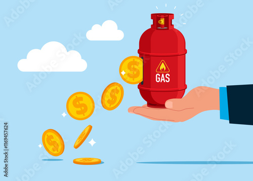 Sale of gas and fuels. Hand holding gas cylinder with leaking dollar coins. Lose money from gas costs. Modern flat vector illustration.