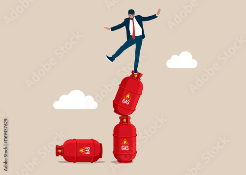 Man falling from stack of unstable gas cylinders. Unstable sale of gas products, risky situation. Modern flat vector illustration.